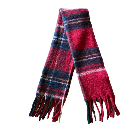 Hollister Plaid Blanket Scarf NWOT Red Multi Plaid with Long Fringe One Size - Picture 2 of 9